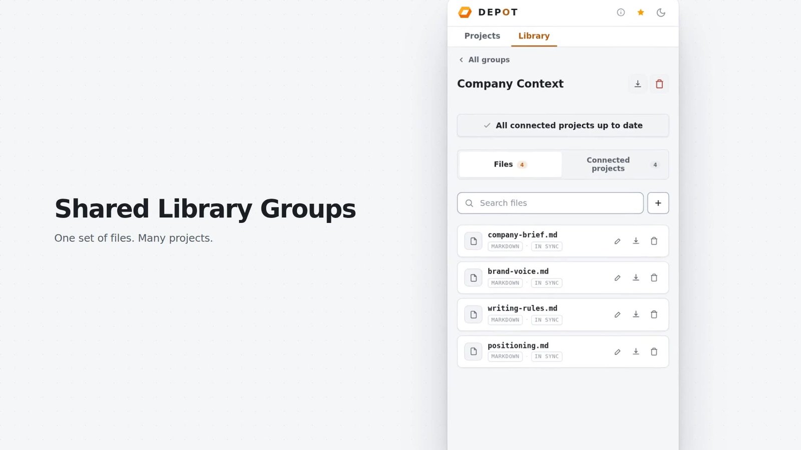 Depot side panel showing the Company Context library group with four files, all marked in sync, connected to four Claude projects.