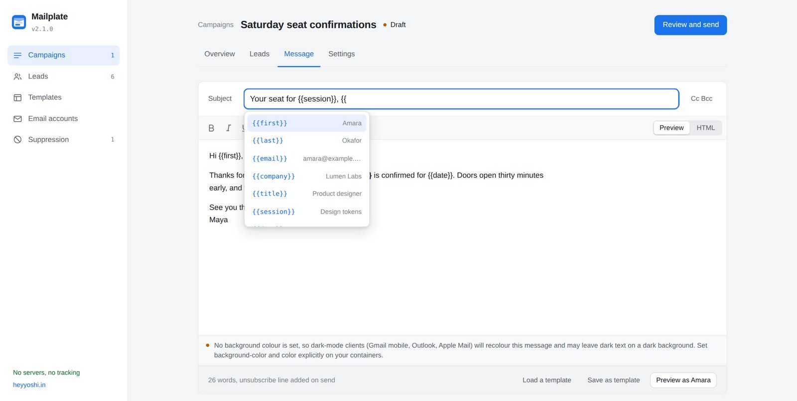 The Mailplate message editor with the variable menu open in the subject, each field shown beside its value for the first person on the list.