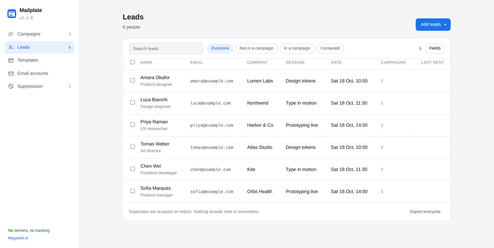 The Leads table: six people who registered for a meetup, with name, email, company and custom Session and Date columns, and filters for who is in a campaign.